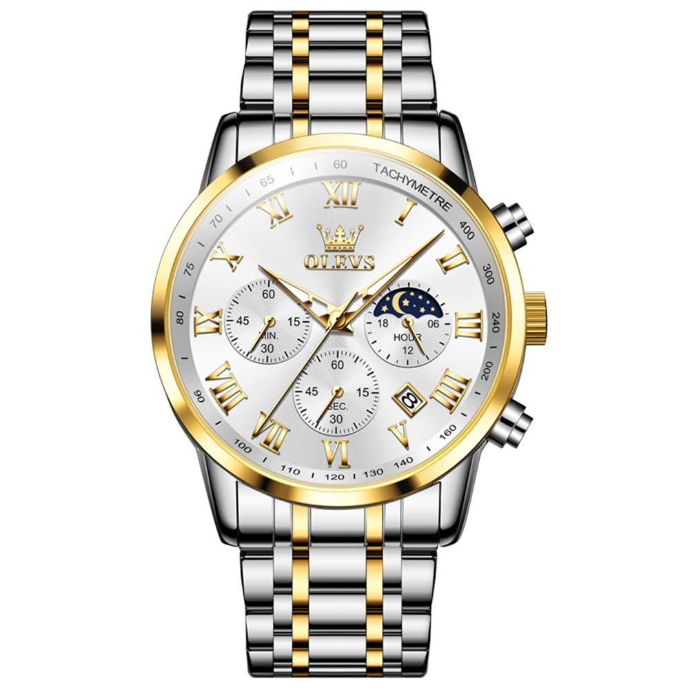 OLEVS Relógio masculino de luxo, analógico, quartzo, à prova d'água, luminoso, aço inoxidável, data, dois tons, casual, relógio de pulso masculino