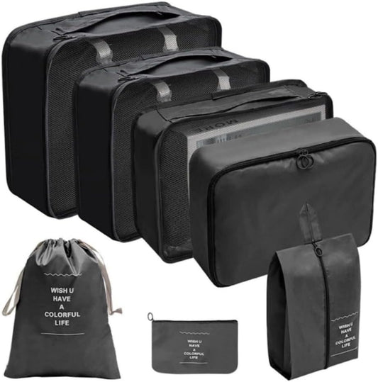 Kit Organizador de Malas para Viagem 7 Peças Bolsas Necessaire Sapatos Maquiagem Roupas Bagagem Organizada Conjunto Organizador Completo Premium (Preto)