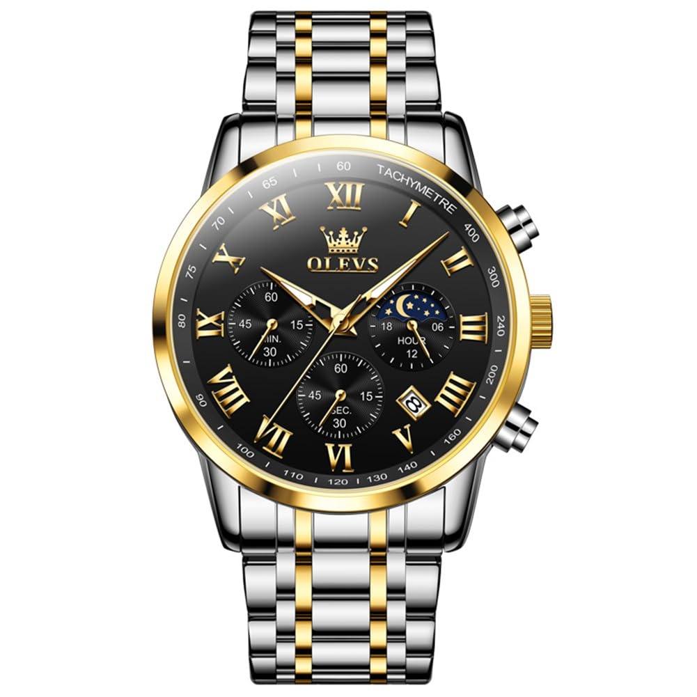 OLEVS Relógio masculino de luxo, analógico, quartzo, à prova d'água, luminoso, aço inoxidável, data, dois tons, casual, relógio de pulso masculino