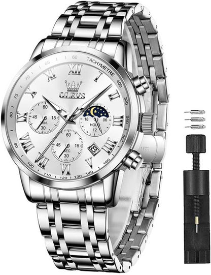 OLEVS Relógio masculino de luxo, analógico, quartzo, à prova d'água, luminoso, aço inoxidável, data, dois tons, casual, relógio de pulso masculino