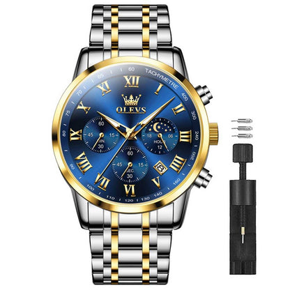 OLEVS Relógio masculino de luxo, analógico, quartzo, à prova d'água, luminoso, aço inoxidável, data, dois tons, casual, relógio de pulso masculino