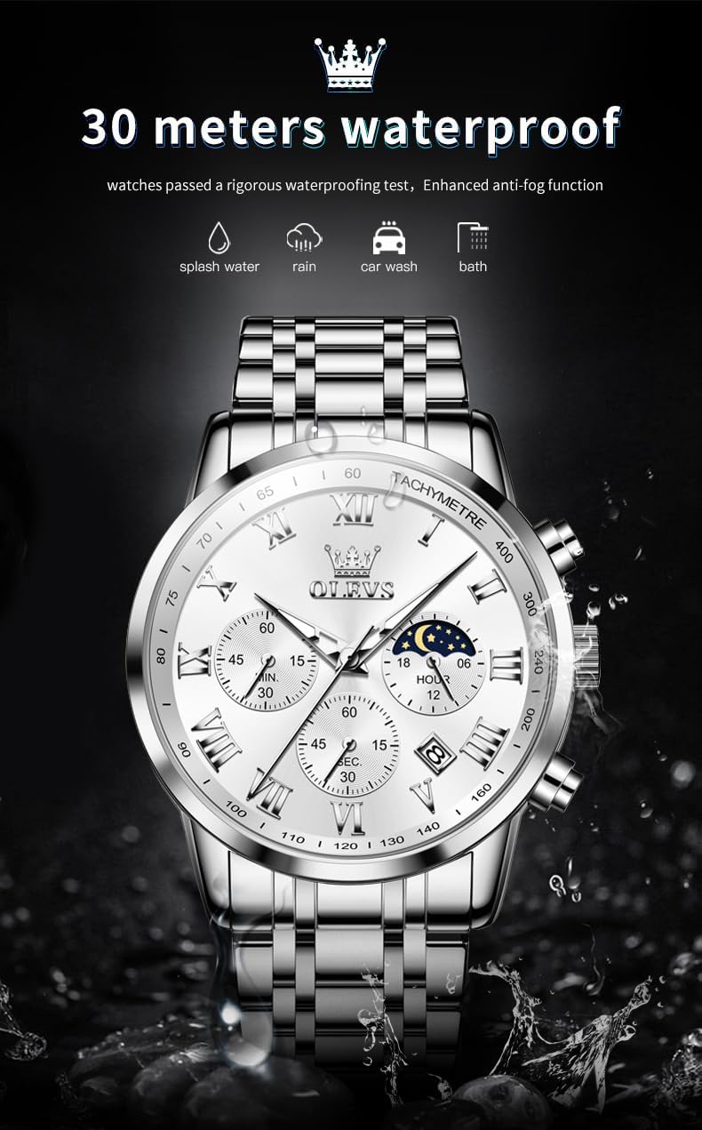 OLEVS Relógio masculino de luxo, analógico, quartzo, à prova d'água, luminoso, aço inoxidável, data, dois tons, casual, relógio de pulso masculino