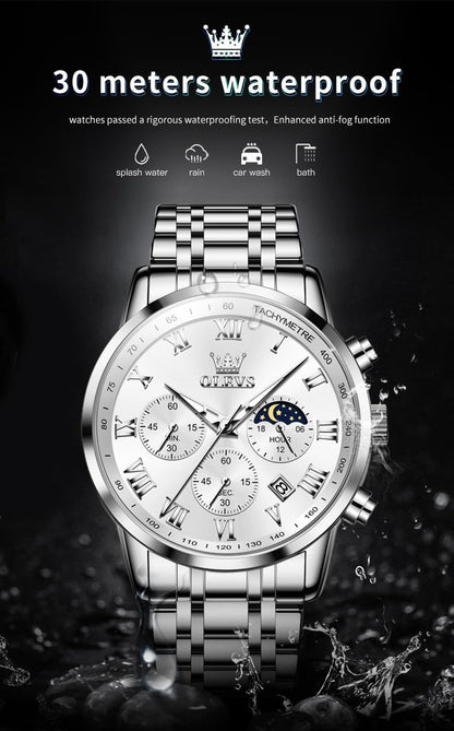 OLEVS Relógio masculino de luxo, analógico, quartzo, à prova d'água, luminoso, aço inoxidável, data, dois tons, casual, relógio de pulso masculino
