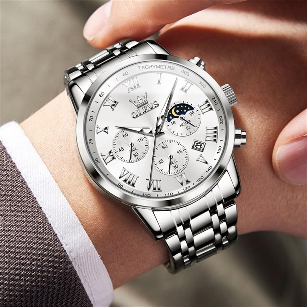 OLEVS Relógio masculino de luxo, analógico, quartzo, à prova d'água, luminoso, aço inoxidável, data, dois tons, casual, relógio de pulso masculino
