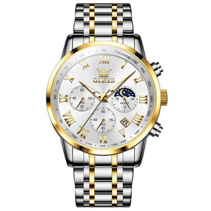 OLEVS Relógio masculino de luxo, analógico, quartzo, à prova d'água, luminoso, aço inoxidável, data, dois tons, casual, relógio de pulso masculino