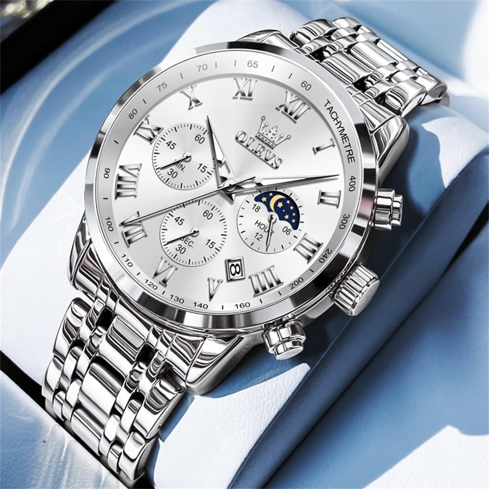 OLEVS Relógio masculino de luxo, analógico, quartzo, à prova d'água, luminoso, aço inoxidável, data, dois tons, casual, relógio de pulso masculino