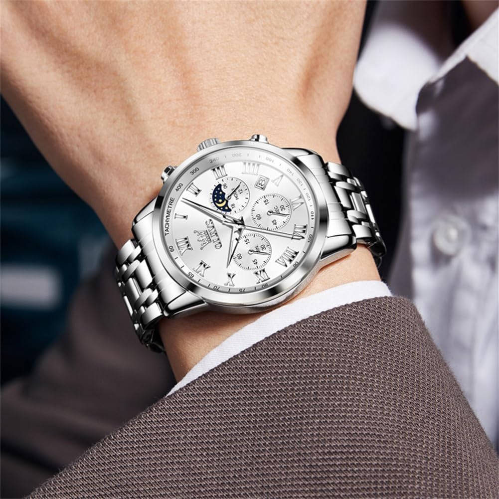 OLEVS Relógio masculino de luxo, analógico, quartzo, à prova d'água, luminoso, aço inoxidável, data, dois tons, casual, relógio de pulso masculino